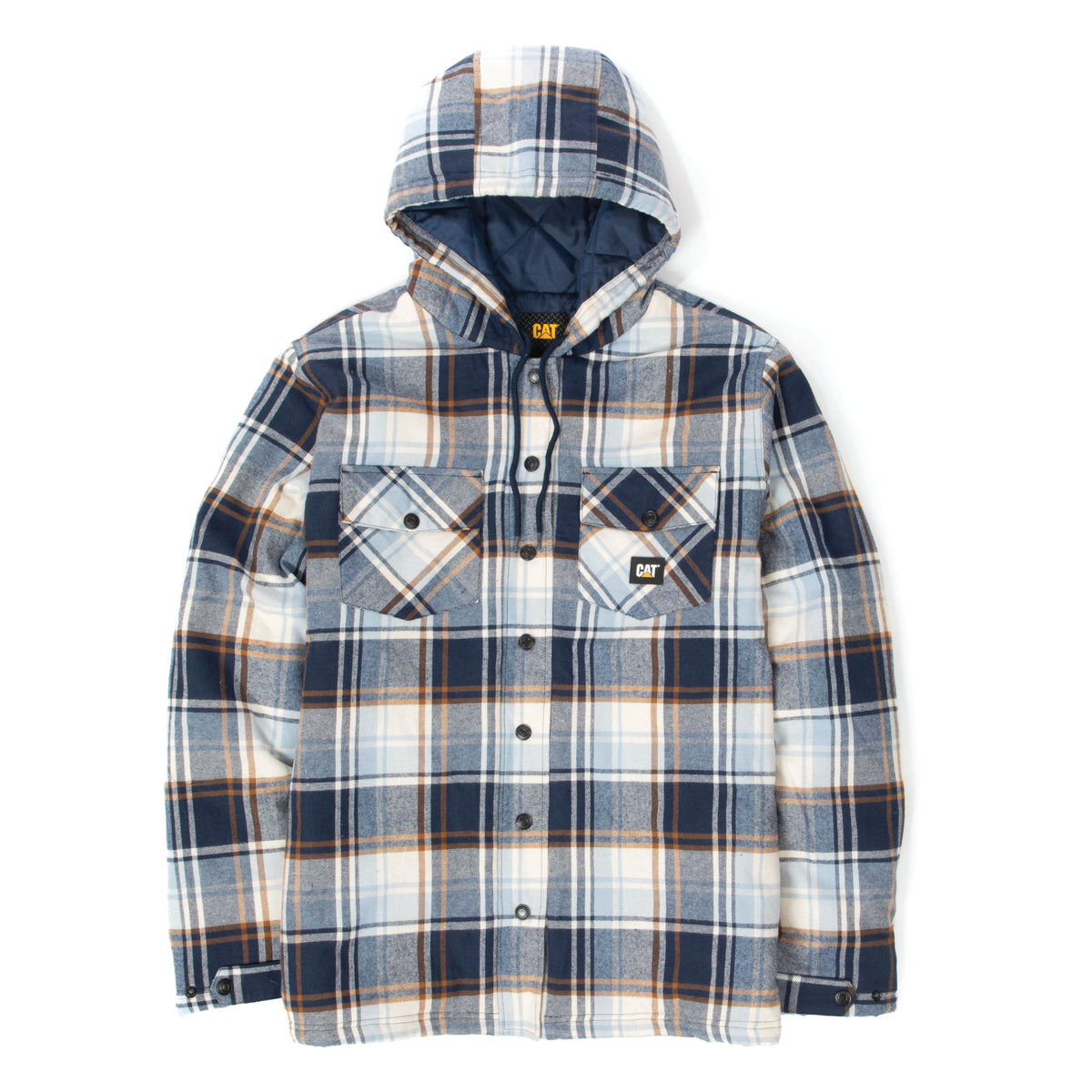 CAT Men's Hooded Flannel Snap-Front Shirt Jacket Long Sleeve T-Shirts CAT Detroit Blue-Blue Fog 2XL Reg