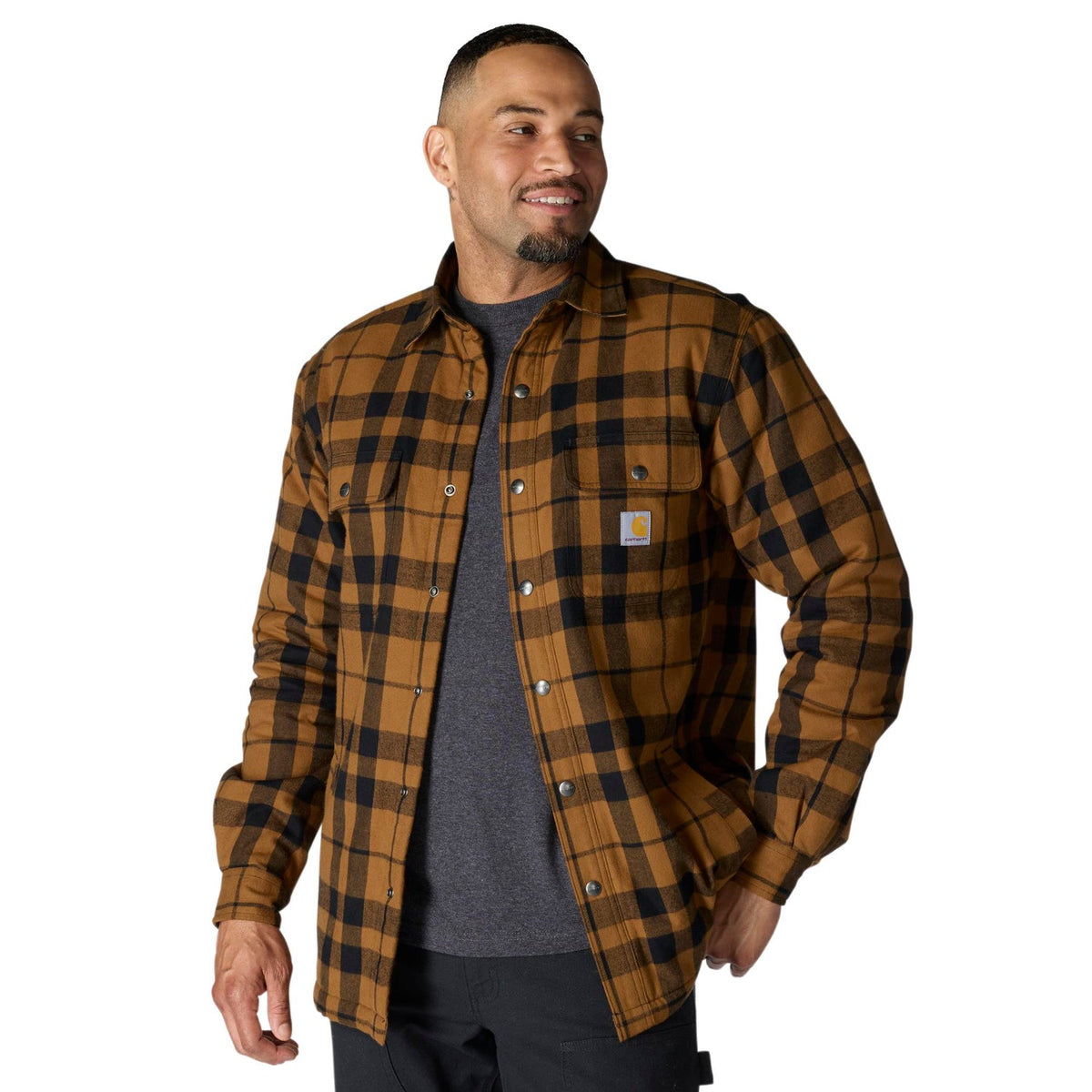Carhartt Men's Relaxed Fit Sherpa-Lined Long Sleeve Flannel Shirt Jac Long Sleeve T-Shirts Carhartt Carhartt Brown 2XL Reg