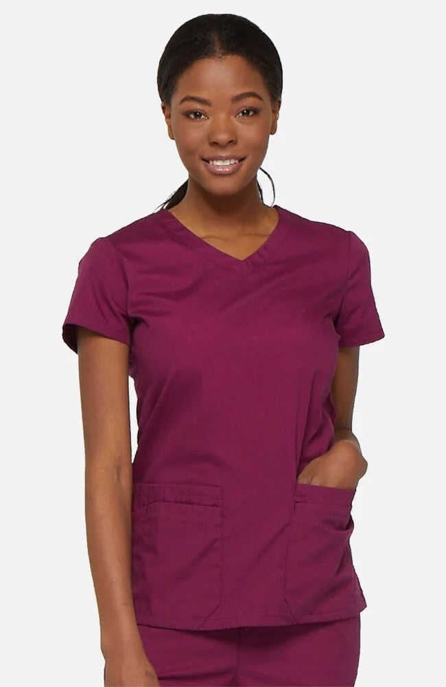 Dickies Women's 5-Pocket Shaped V-Neck Scrub Top Scrubs Dickies Wine 2XL Reg