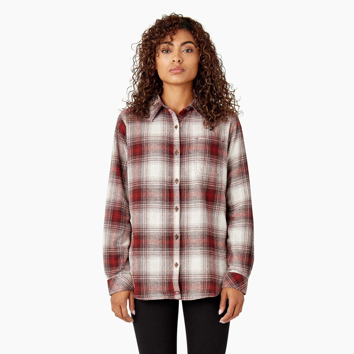 Dickies Women's Plaid Long Sleeve Flannel Shirt Work Shirts Dickies Fired Brick Fireside Ombre Plaid 2XL Reg