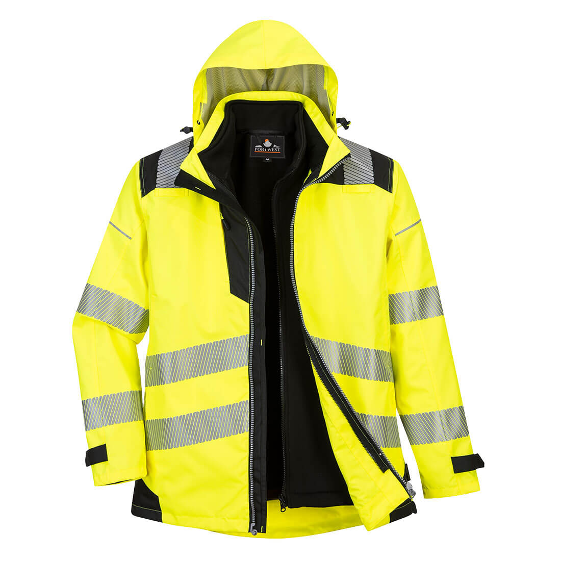 Portwest Men's PW3 Hi-Vis 3-In-1 Rain Jacket Rainwear Portwest Hi-Vis Yellow/Black 2XL Reg