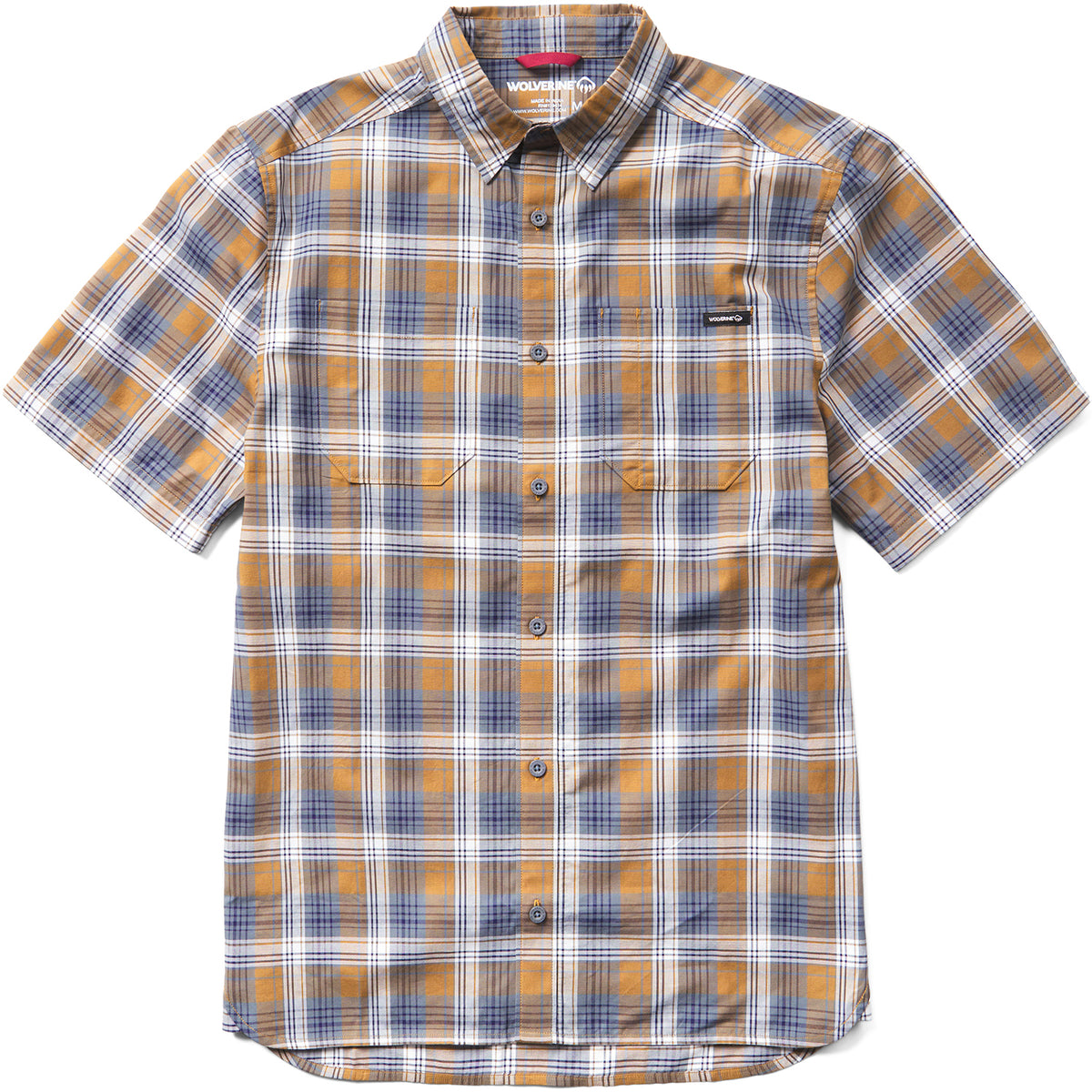 Wolverine Men's Built Stretch Short Sleeve Plaid Shirt Work Shirts Wolverine Hickory 2XL Reg