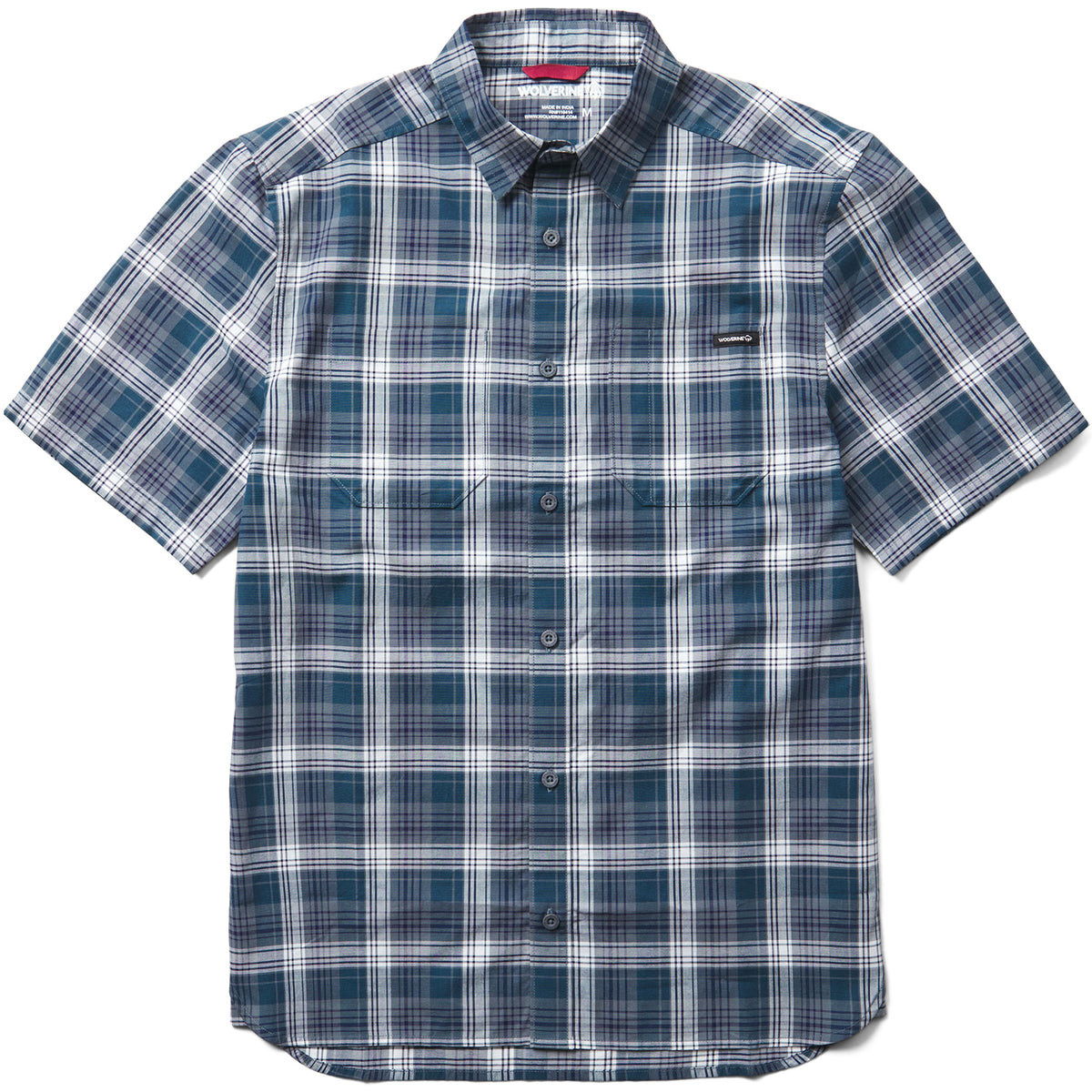 Wolverine Men's Built Stretch Short Sleeve Plaid Shirt Work Shirts Wolverine Stormy Blue 2XL Reg