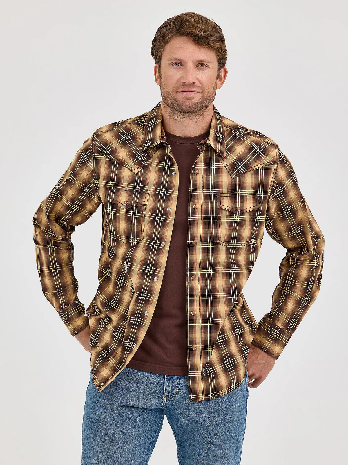 Wrangler Men's Retro® Premium Cotton Snap-Front Long Sleeve Work Shirt Work Shirts Wrangler Brown Multi 2XL Reg