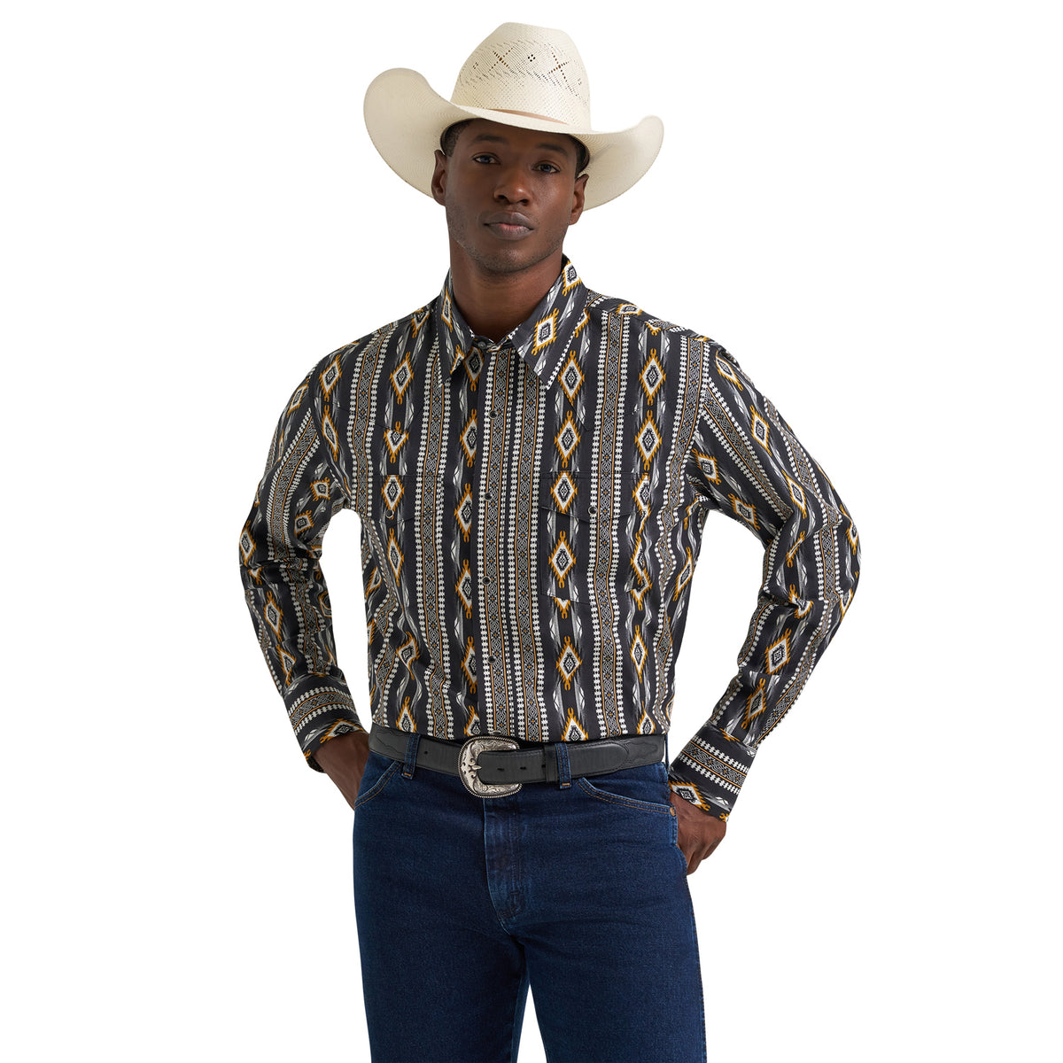 Wrangler Men's Checotah® Long Sleeve Western Snap Printed Shirt Work Shirts Wrangler Black 2XL Reg