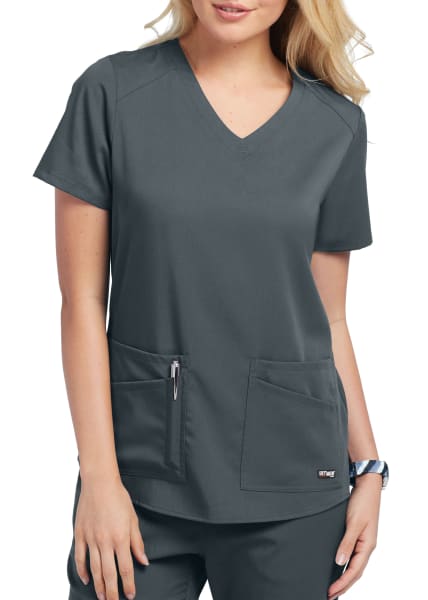 Grey's Anatomy Women's Stretch Emma 4-Pocket V-Neck Scrub Top Scrubs Grey's Anatomy Steel 2XL Reg