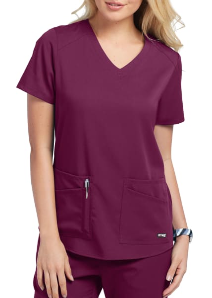 Grey's Anatomy Women's Stretch Emma 4-Pocket V-Neck Scrub Top Scrubs Grey's Anatomy Wine 2XL Reg