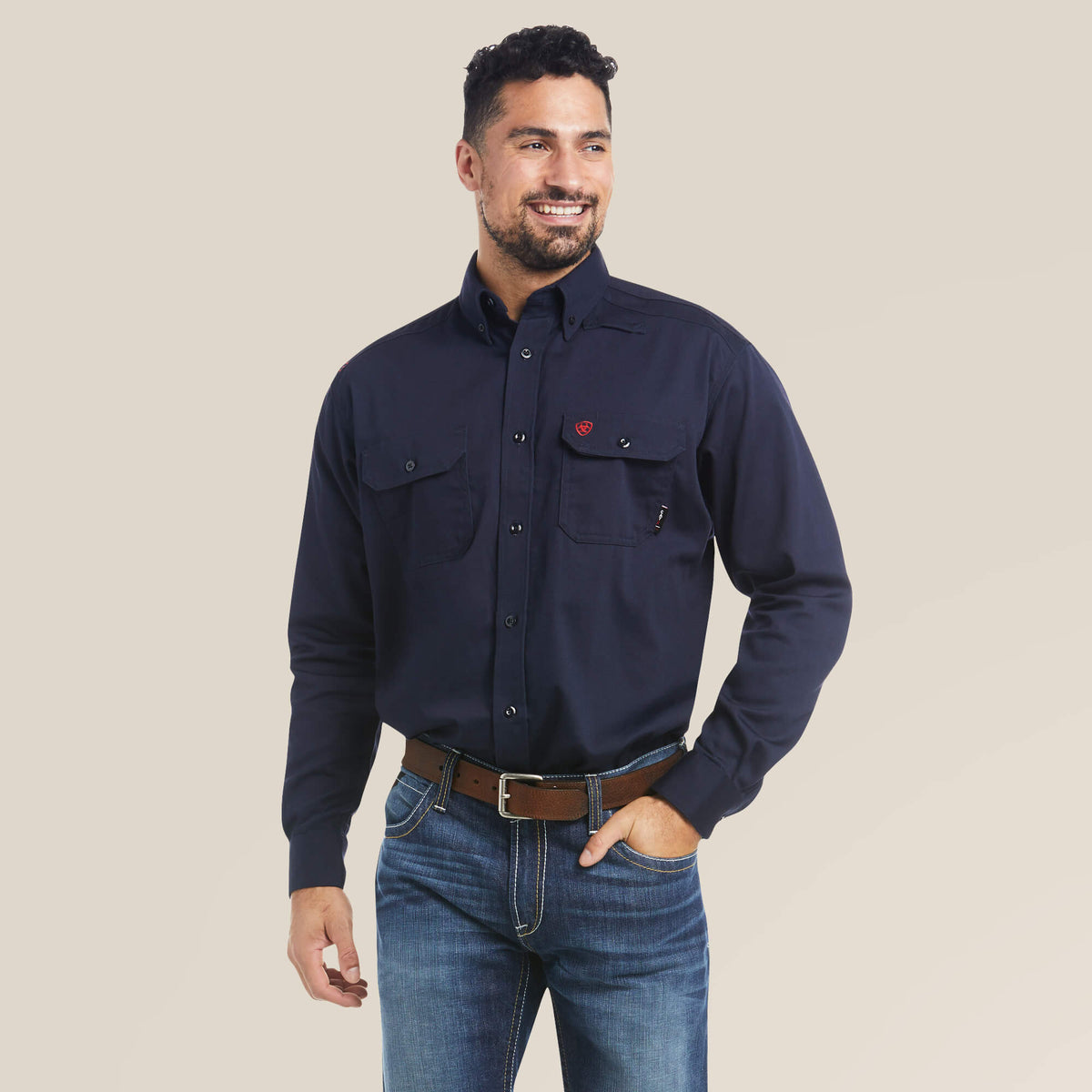 Ariat Men's FR Solid Long Sleeve Button-Down Work Shirt Work Shirts Ariat Navy 2XL Reg