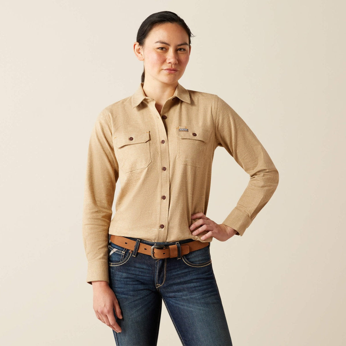 Ariat Women's Rebar Flannel Button-Down Long Sleeve Tunic Long Sleeve T-Shirts Ariat Oatmeal Heather L Reg