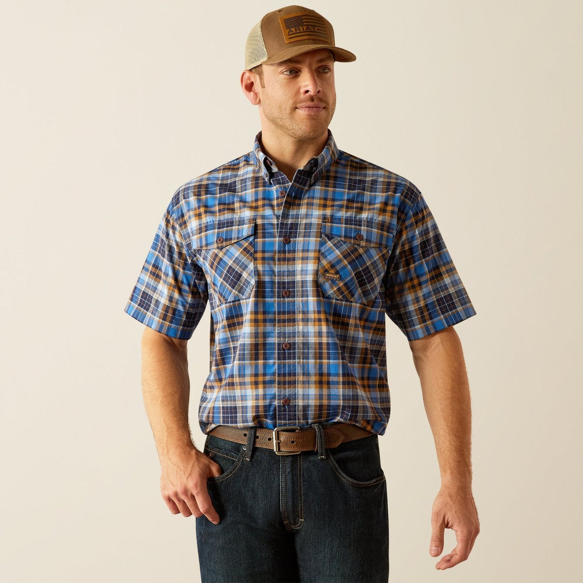 Ariat Men's Made Tough Durastretch Button-Down Short Sleeve Work Shirt Work Shirts Ariat Strong Blue 2XL Reg
