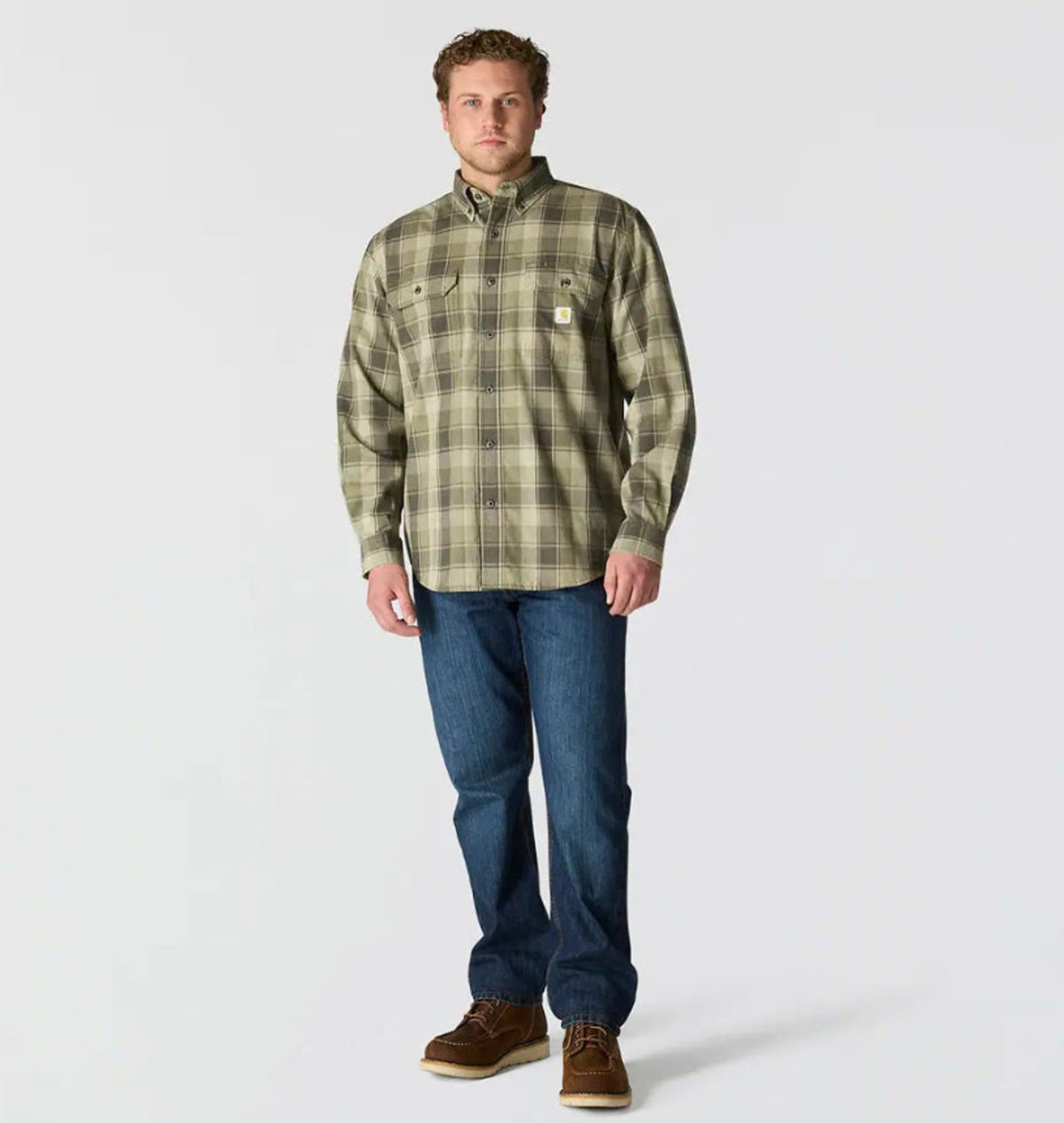 Carhartt Men's Loose Fit Midweight Chambray Long Sleeve Plaid Shirt Work Shirts Carhartt Dusty Olive 2XL Reg