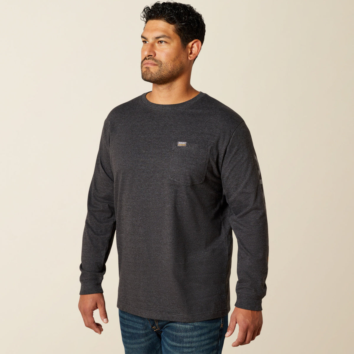 Ariat Men's Rebar Cotton Strong Chest Pocket Long Sleeve Logo T-Shirt Long Sleeve T-Shirts Ariat Charcoal Heather/Alloy 2XL Reg