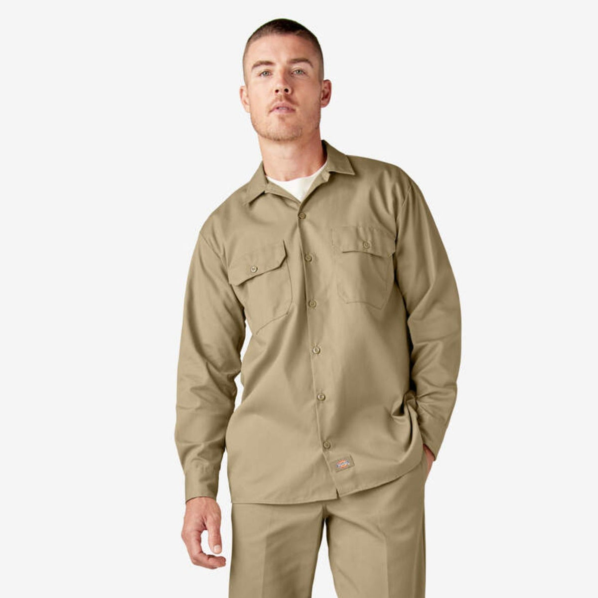 Dickies Men's Button-Down Chest Pocket Long Sleeve Work Shirt Work Shirts Dickies Khaki 2XL Reg