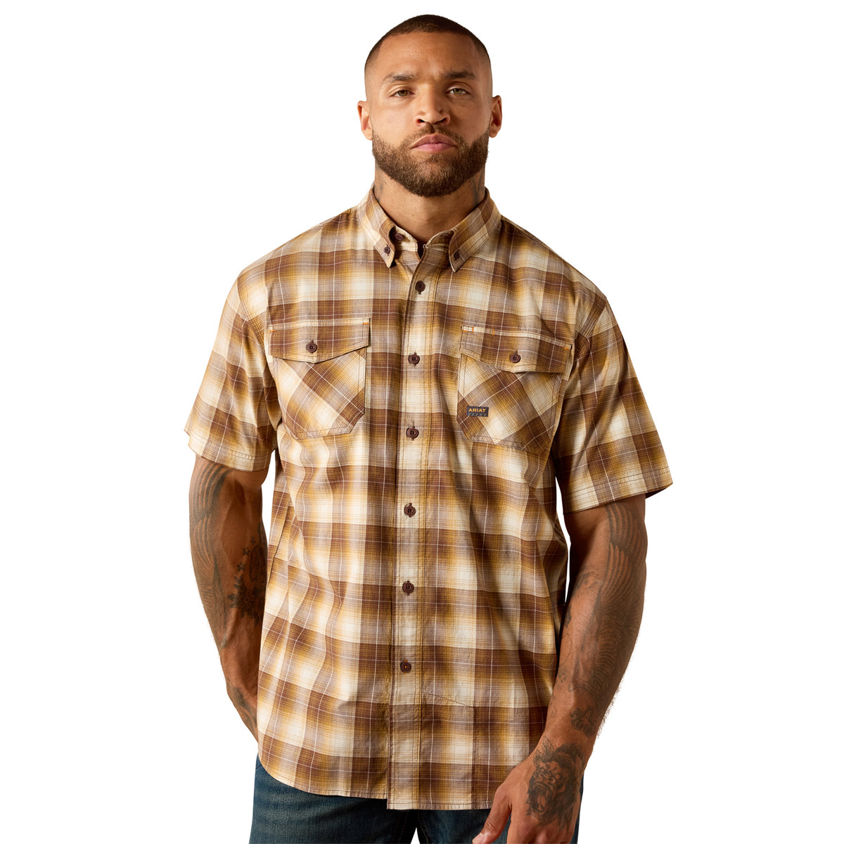 Ariat Men's Rebar DuraStretch Short Sleeve Work Shirt Work Shirts Ariat Wood Thrush 2XL Reg