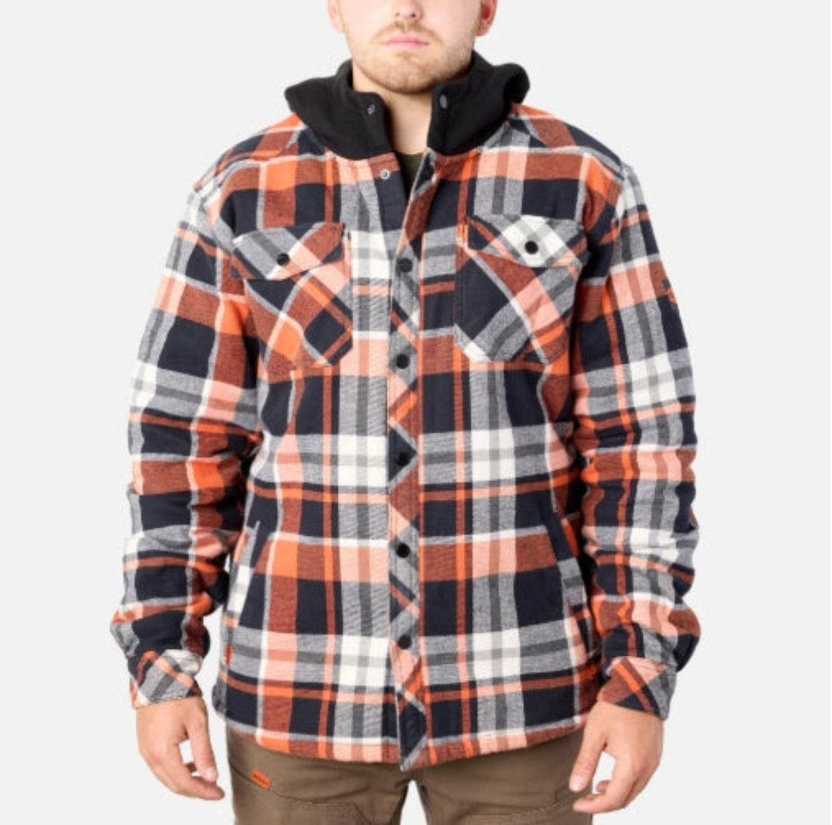 BRUNT Men's The Brunt Heavy Duty Hooded Snap Shirt Jac Jackets & Coats BRUNT Black/Orange Plaid 2XL Reg