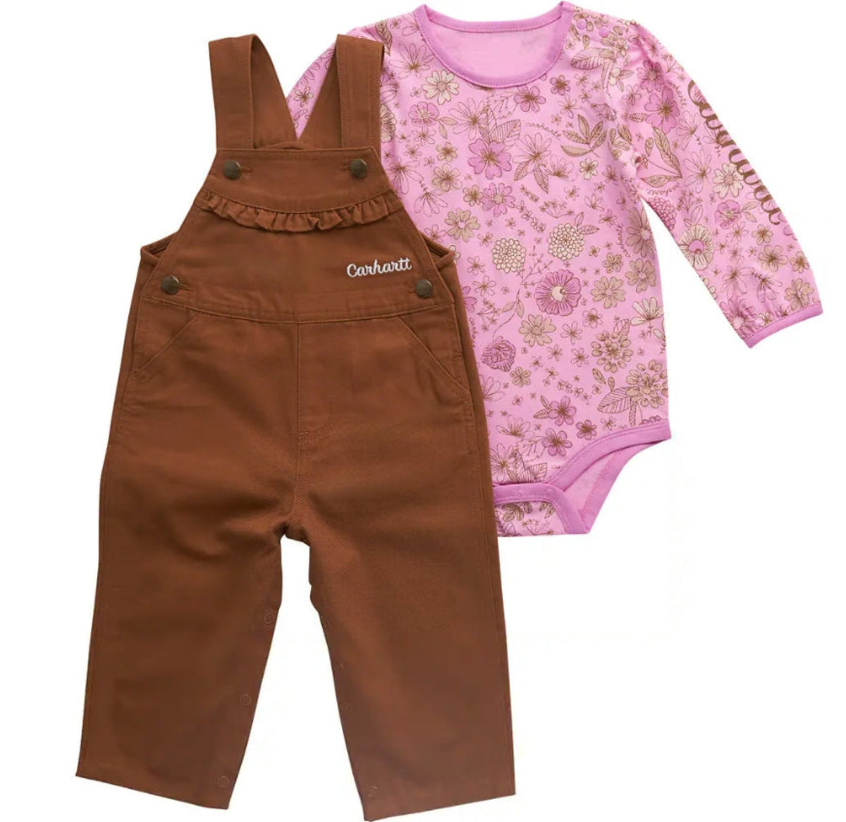 Carhartt Girls' Long Sleeve Floral Bodysuit + Overall Set Bibs & Overalls Carhartt Carhartt Brown 12M Infant