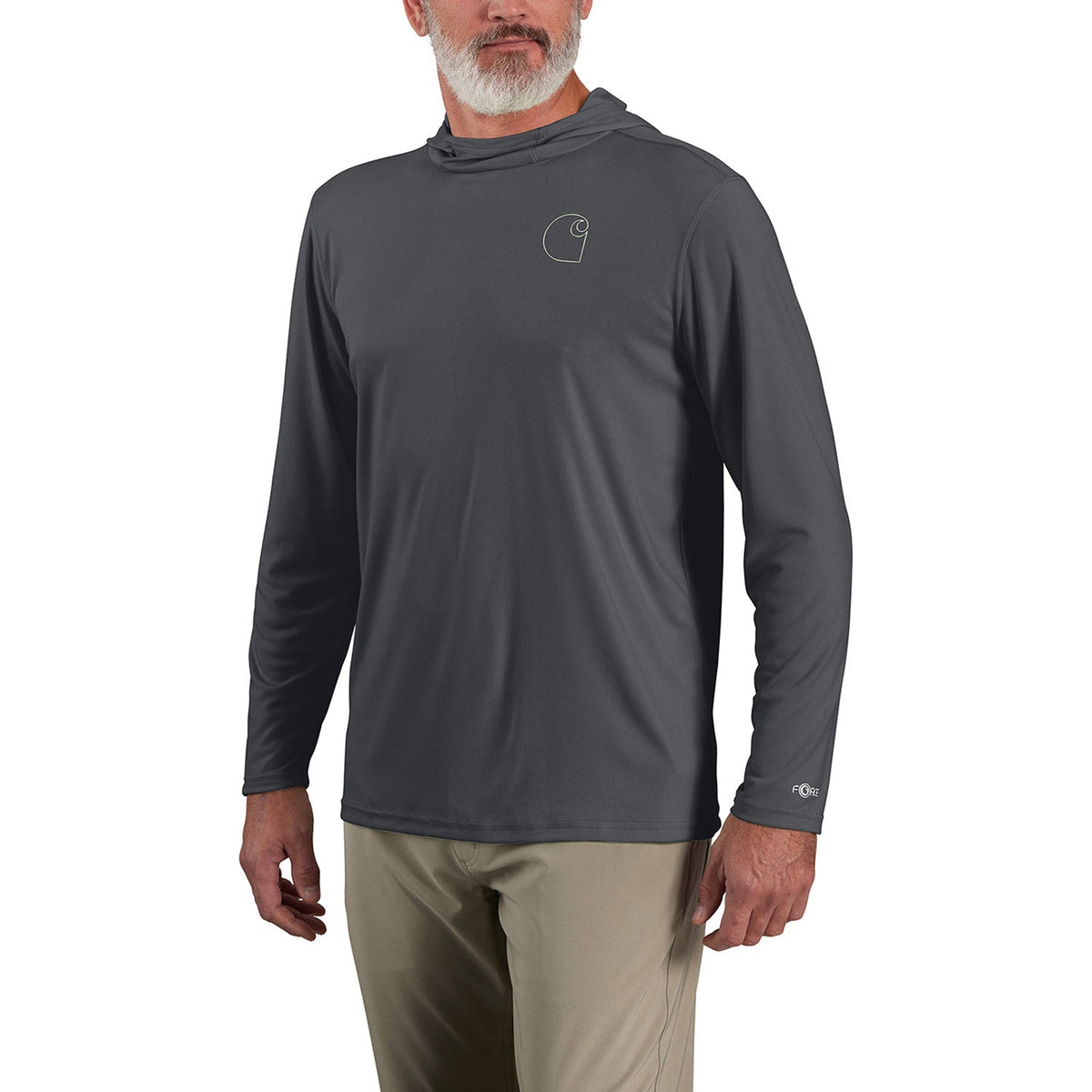 Carhartt Men's Force Sun Defender Hooded Logo Long Sleeve T-Shirt Long Sleeve T-Shirts Carhartt Steel 2XL Reg