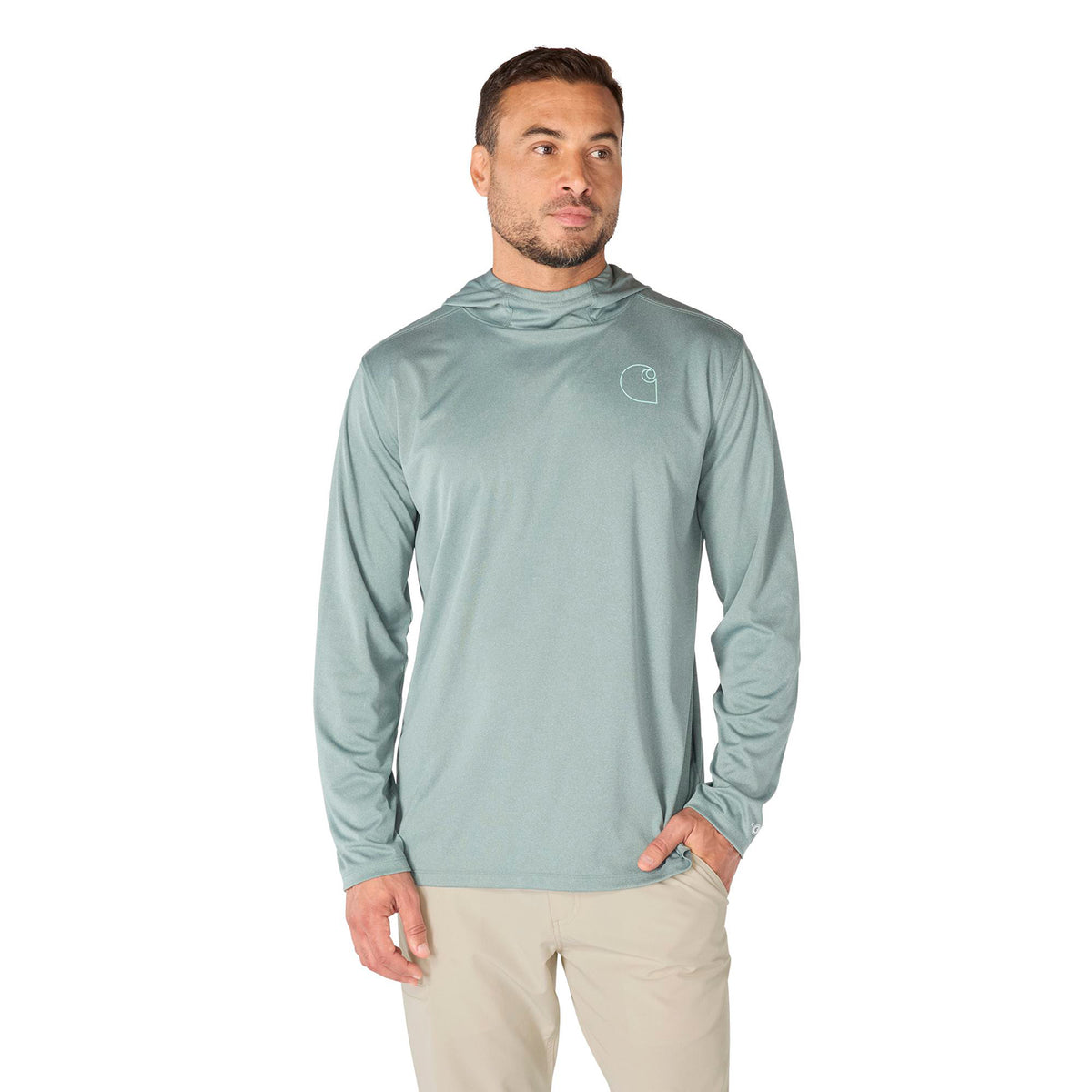 Carhartt Men's Force Sun Defender Hooded Logo Long Sleeve T-Shirt Long Sleeve T-Shirts Carhartt Green Slate Heather 2XL Reg