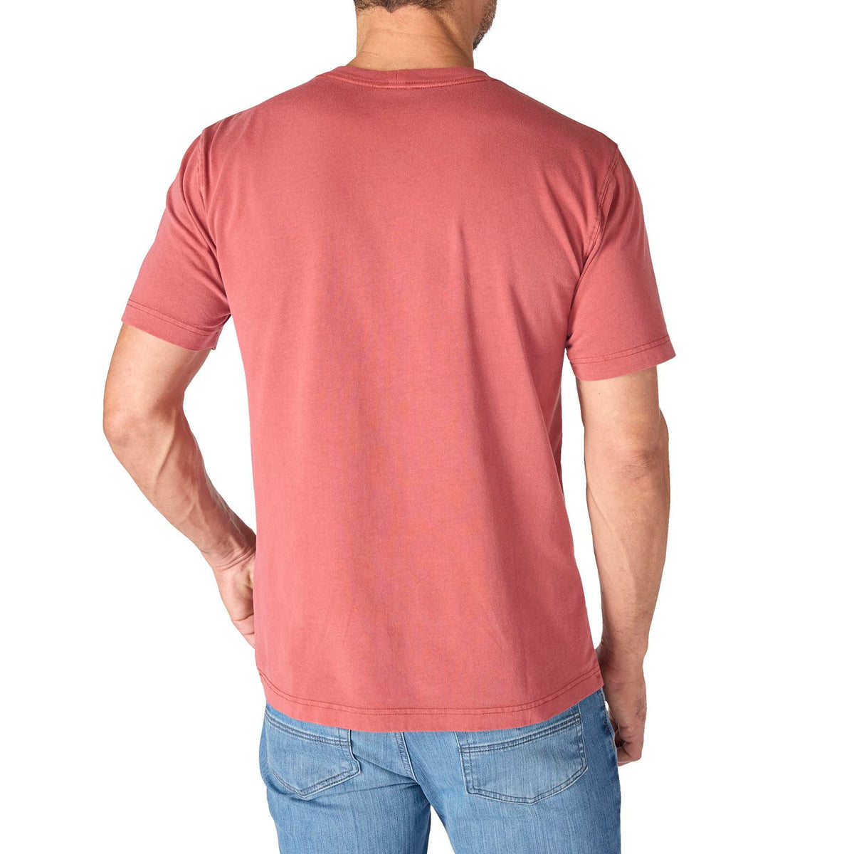 Person wearing a red t-shirt and blue jeans on a white background