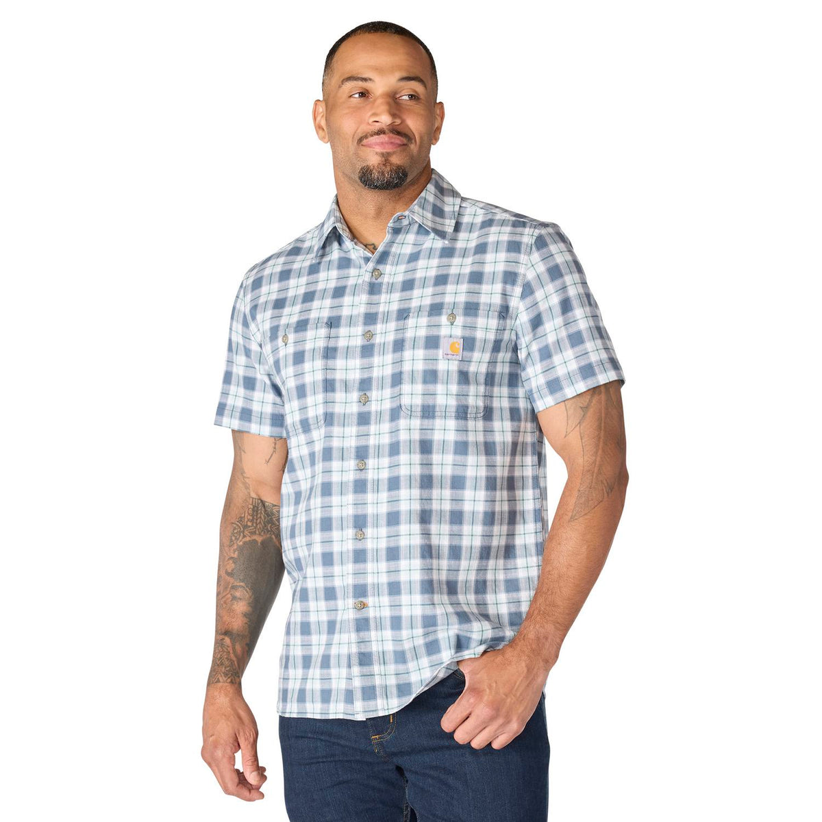 Carhartt Men's Bozeman Relaxed Short Sleeve Plaid Shirt Work Shirts Carhartt Iron Blue 2XL Reg