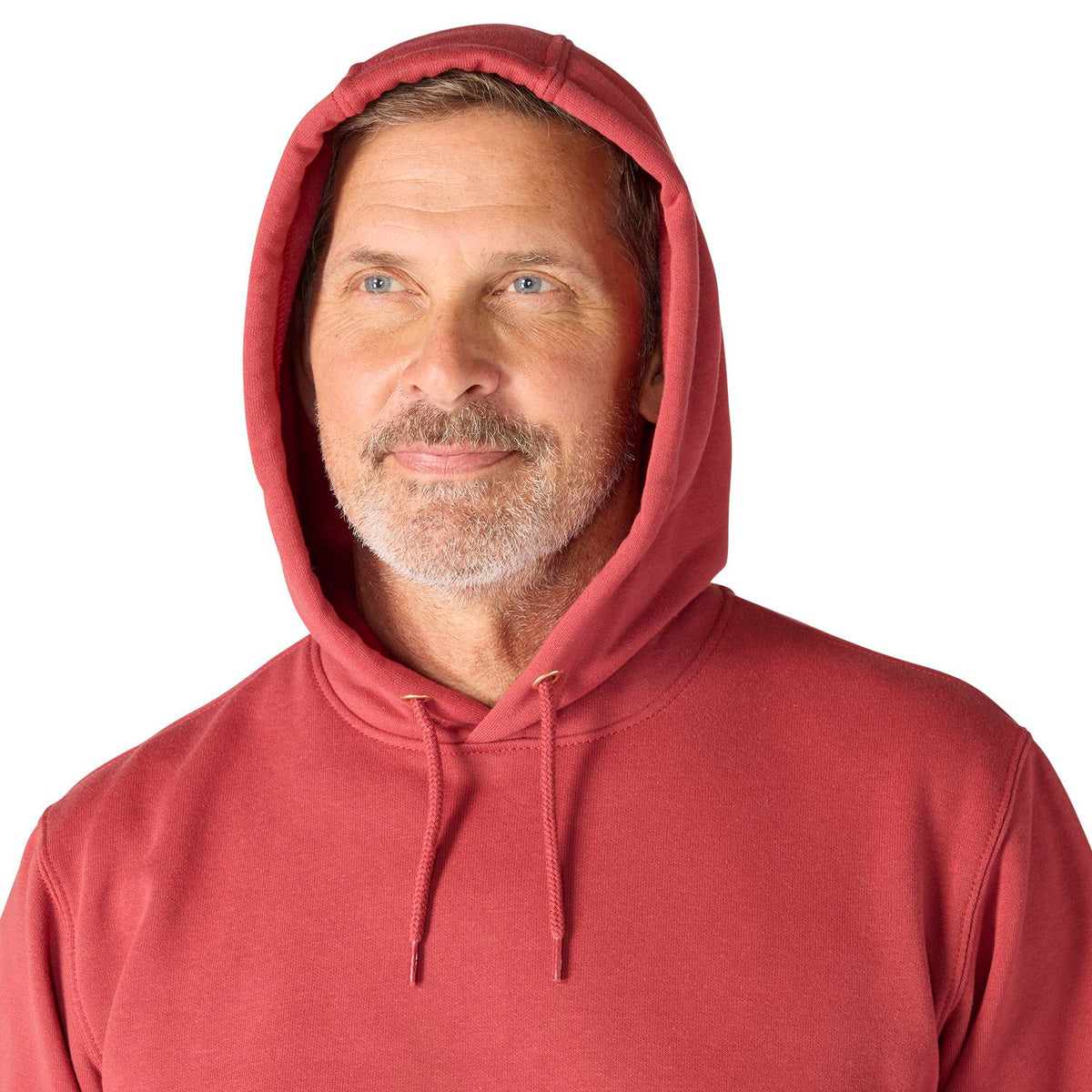Man wearing a red hoodie on a white background