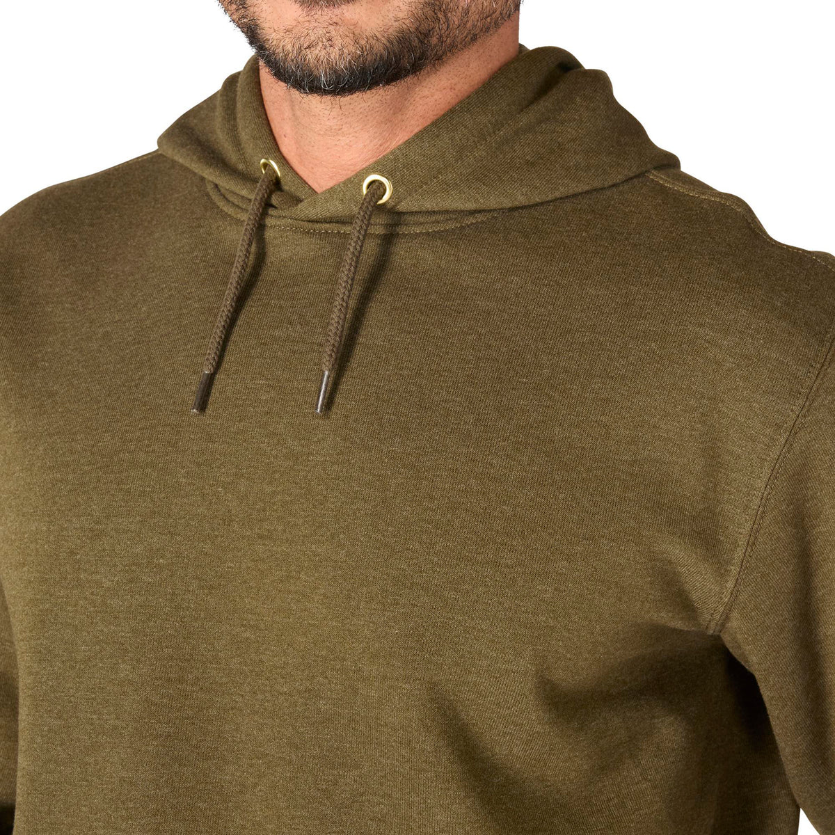 Close-up of a person wearing an olive green hoodie with a white background