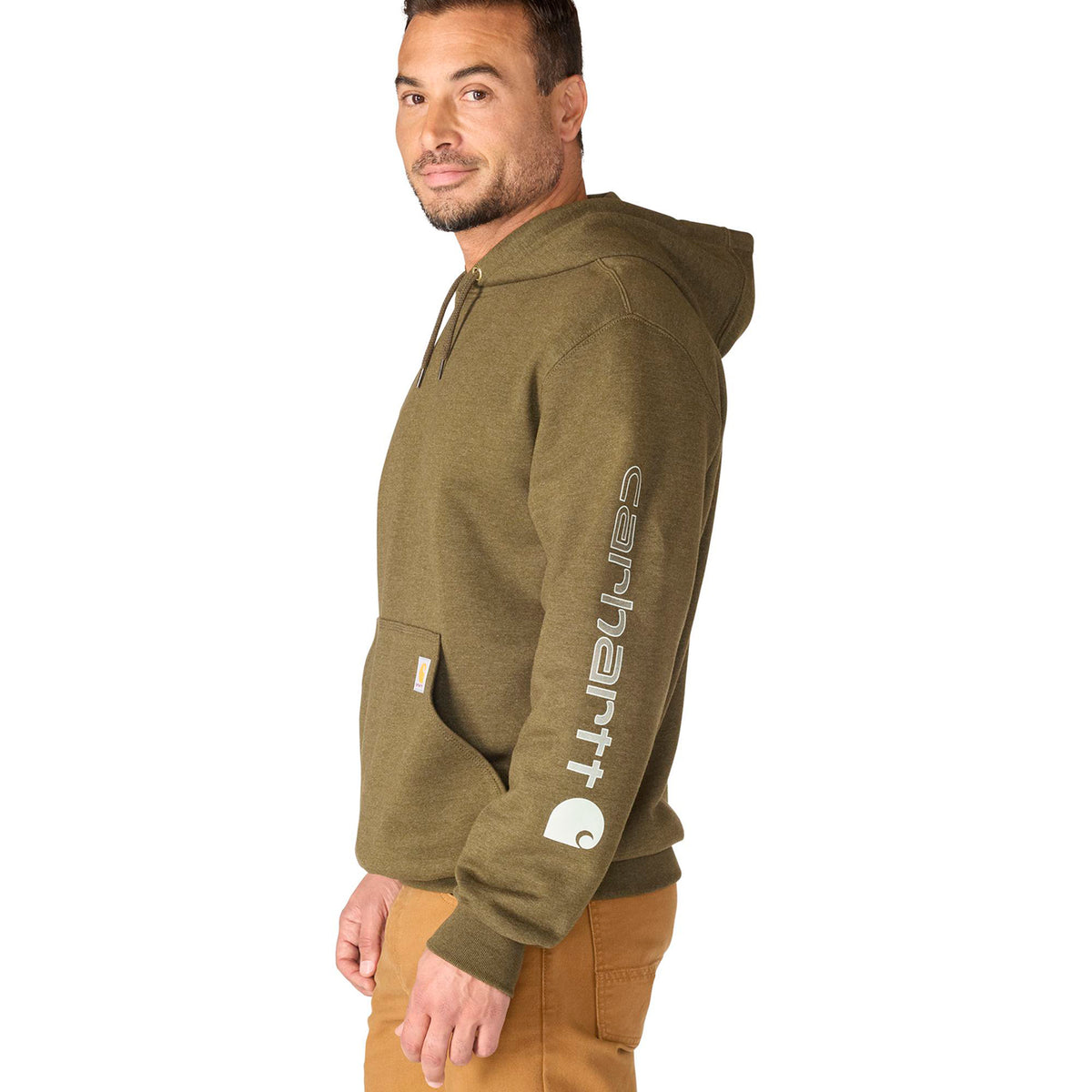 Man wearing a green hoodie with a visible brand logo on a white background