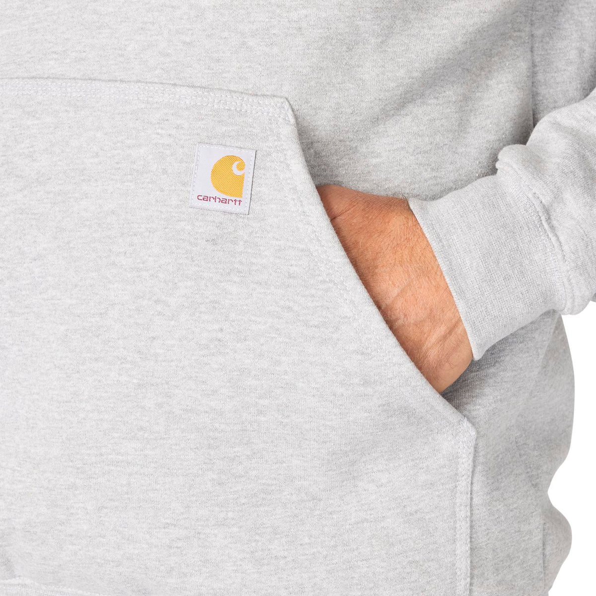 Gray hoodie with Carhartt logo on the chest pocket