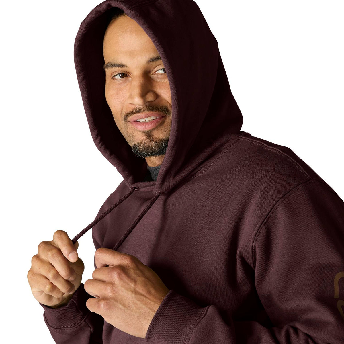 Man wearing a dark brown hoodie on a white background