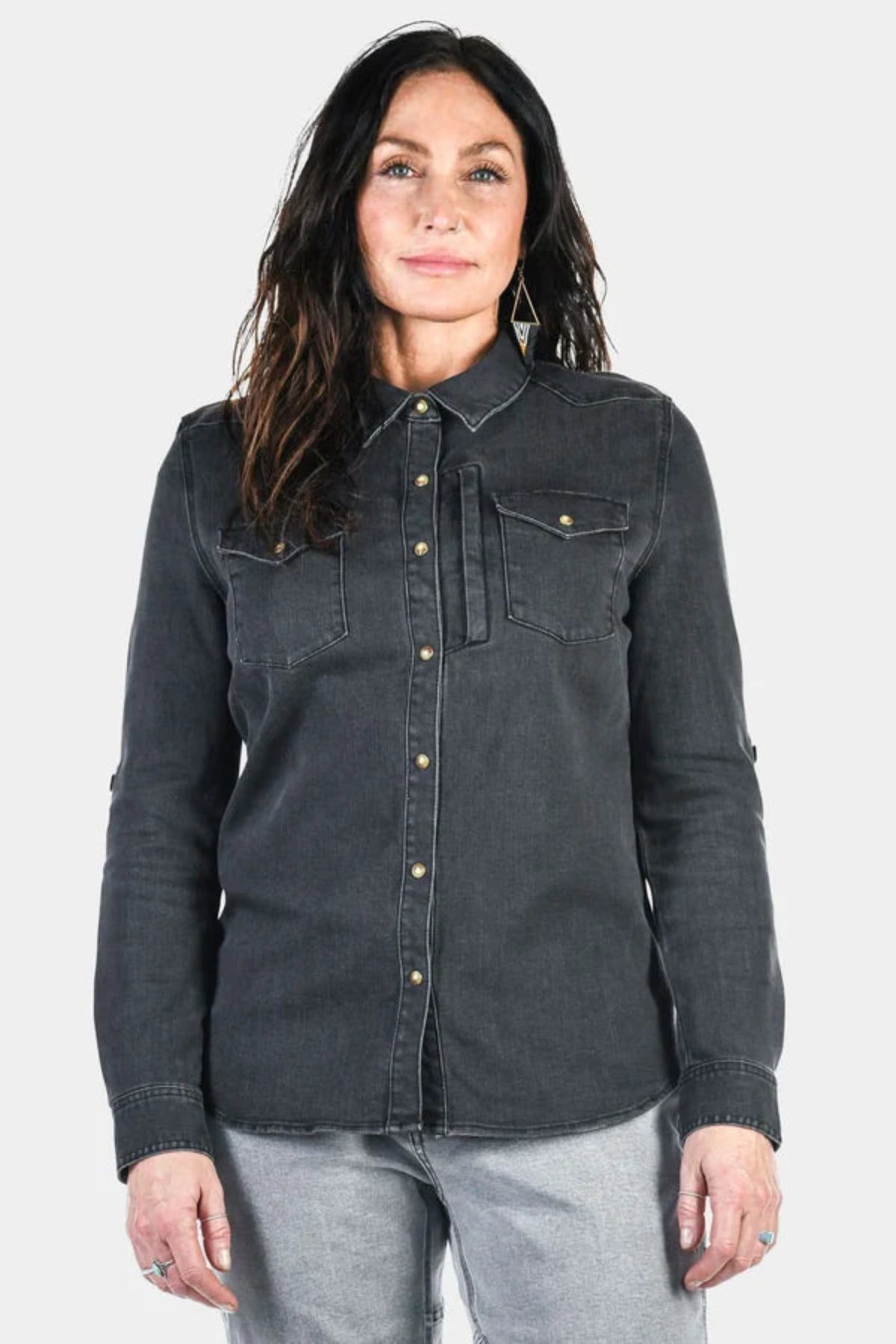 Dovetail Workwear Women's Zeller DX Stretch Denim Button Shirt Long Sleeve T-Shirts Dovetail Workwear Black Denim 2XL Reg