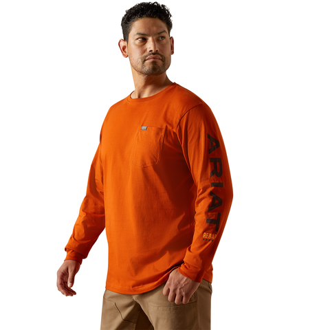 Ariat Men's Rebar CottonStrong Logo Long Sleeve T-Shirt Long Sleeve T-Shirts Ariat Potter's Clay/Bitter Chocolate 2XL Reg