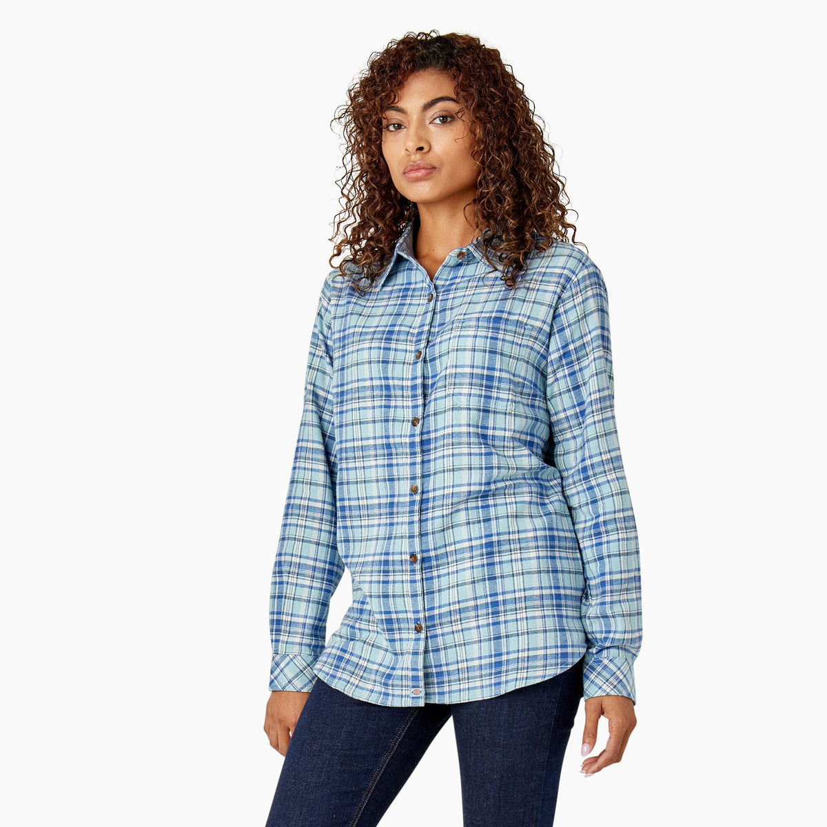 Dickies Women's Plaid Long Sleeve Flannel Shirt Work Shirts Dickies Clear Blue Asymetrical Orchard Plaid 2XL Reg