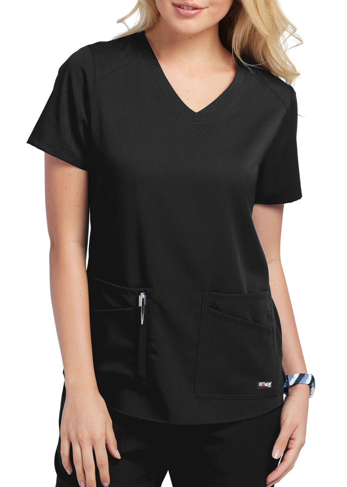 Grey's Anatomy Women's Stretch Emma 4-Pocket V-Neck Scrub Top Scrubs Grey's Anatomy Black 2XL Reg