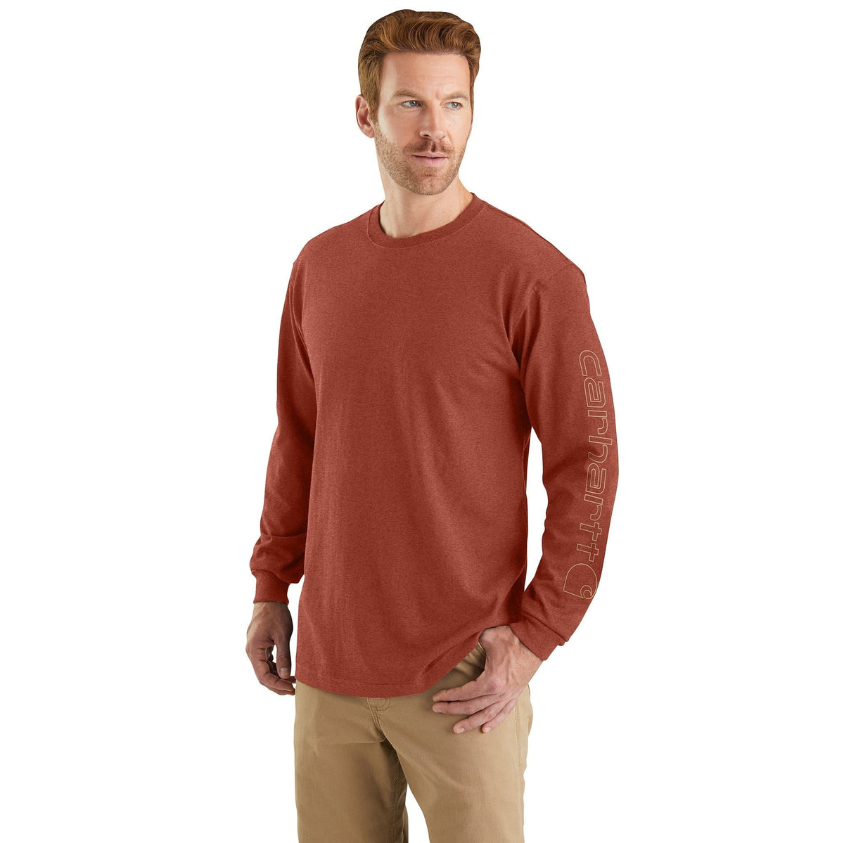 Carhartt Men's Signature Logo Long Sleeve T-Shirt Long Sleeve T-Shirts Carhartt Saddle Red Heather 2XL Reg