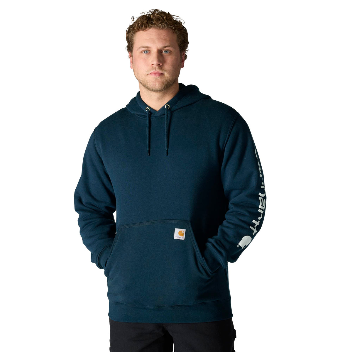 Carhartt Men's Signature Logo Hooded Pullover Sweatshirt Sweatshirts & Hoodies Carhartt New Navy 2XL Reg