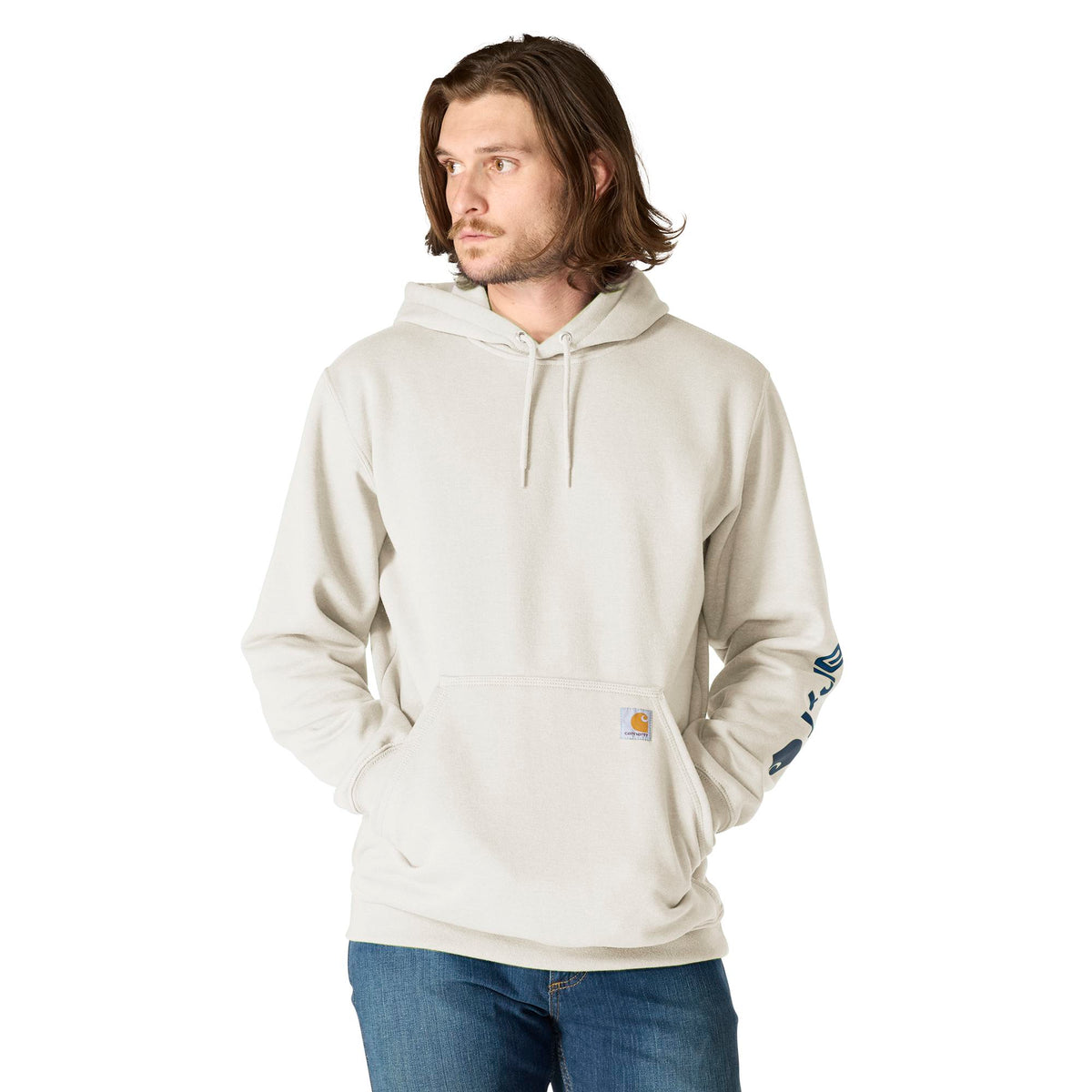 Man wearing a beige hoodie with a brand logo on a white background