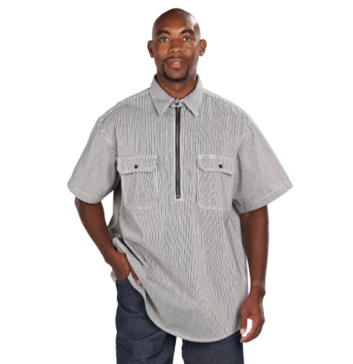 KEY Men's Hickory Half-Zip Short Sleeve Work Shirt Work Shirts KEY Hickory Stripe Rigid 2XL Reg