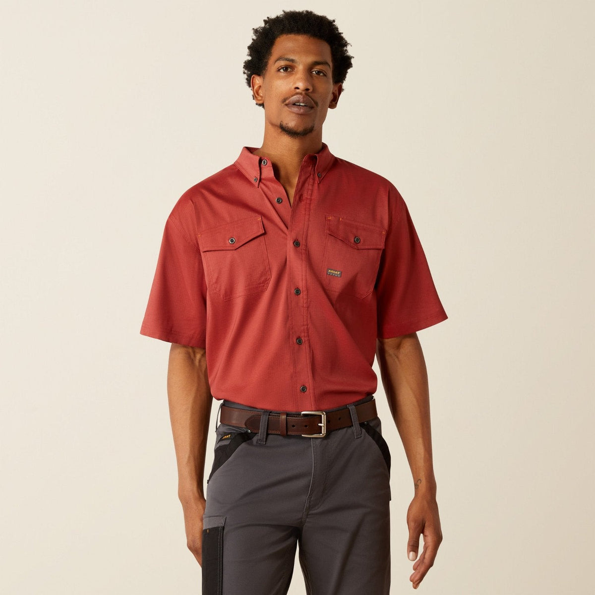 Ariat Men's Made Tough Durastretch Button-Down Short Sleeve Work Shirt Work Shirts Ariat Firebrick Red 2XL Reg