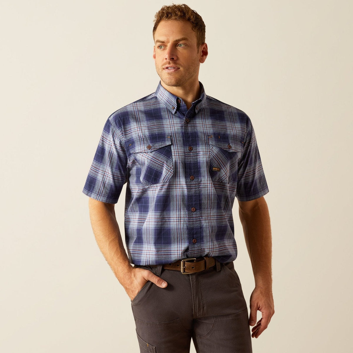 Ariat Men's Made Tough Durastretch Button-Down Short Sleeve Work Shirt Work Shirts Ariat Placid Blue 2XL Reg