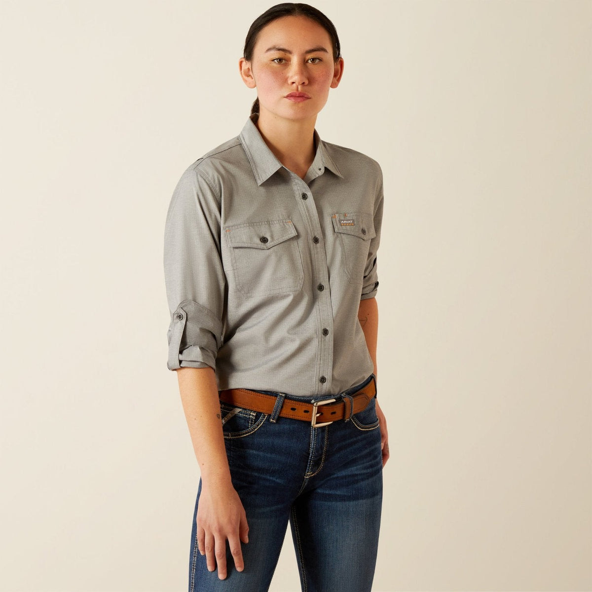 Ariat Women's Made Tough Durastretch Button-Down Long Sleeve Work Shirt Work Shirts Ariat Charcoal Heather 1XL Plus