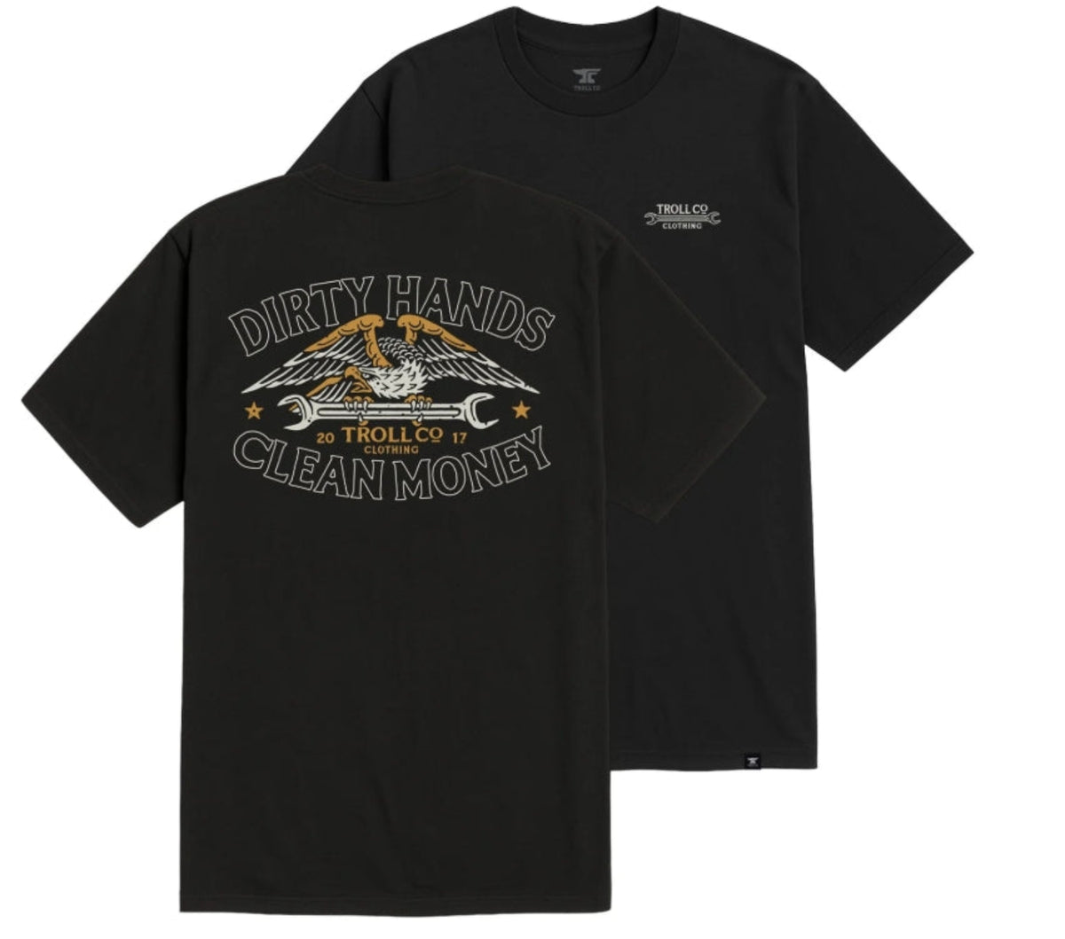 Troll Co. Men's "Dirty Hands Clean Money" Wing Spanner Graphic Short Sleeve T-Shirt T-Shirts Troll Co. Black 2XL Reg