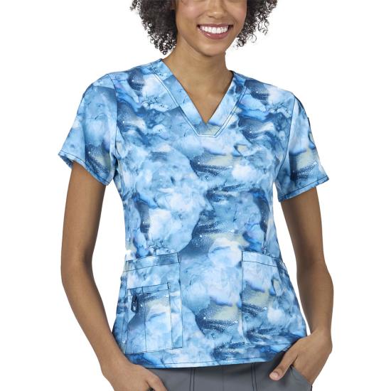 Carhartt Women&#39;s Printed V-Neck Scrub Top_Indigo Flow - Work World - Workwear, Work Boots, Safety Gear