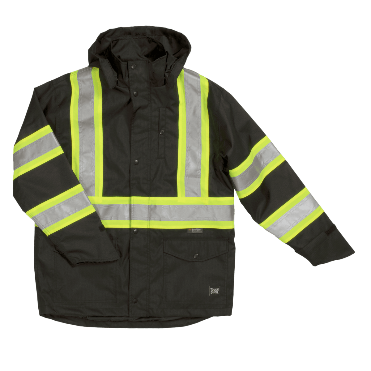 Tough Duck C1 Hi-Vis Waterproof Snap-Front Safety Rain Jacket Rainwear Tough Duck Black 2XL Reg