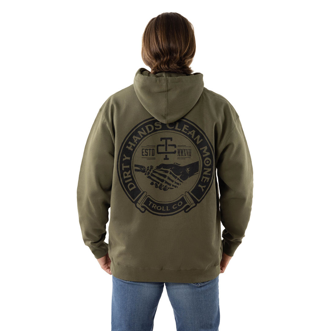 Troll Co. Men's Haggler "Dirty Hands Clean Money" Graphic Hooded Sweatshirt Sweatshirts & Hoodies Troll Co. Military Green 2XL Reg